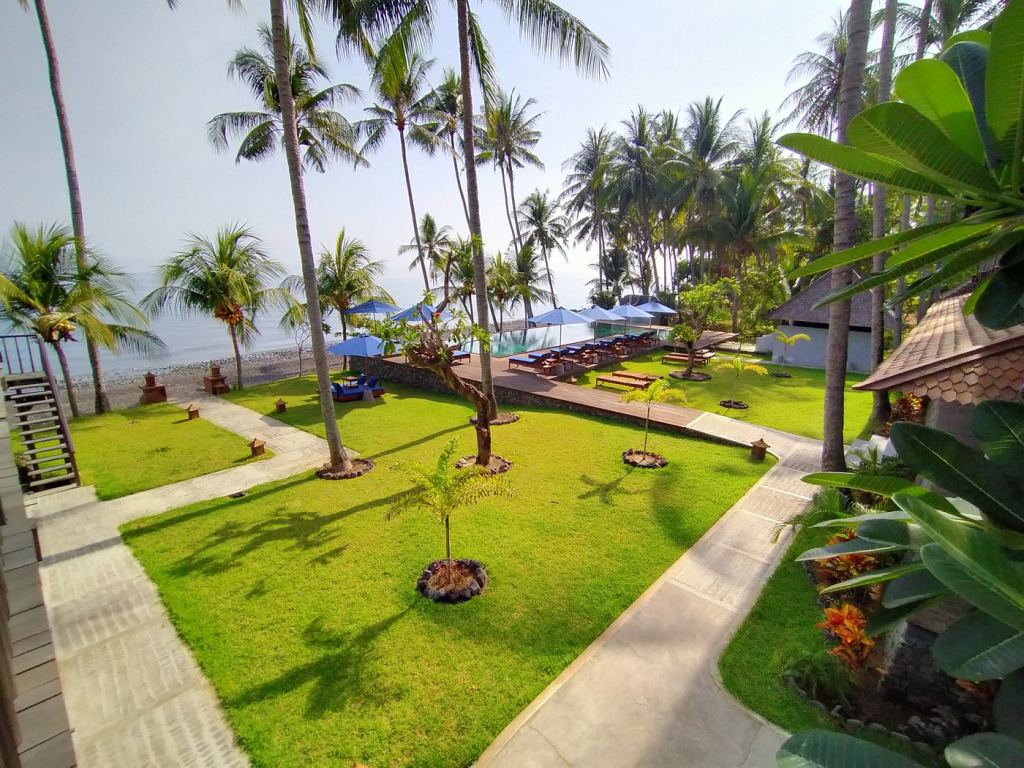 a lush green lawn with palm trees and a pool next to the ocean at The Kirana Resort Tembok